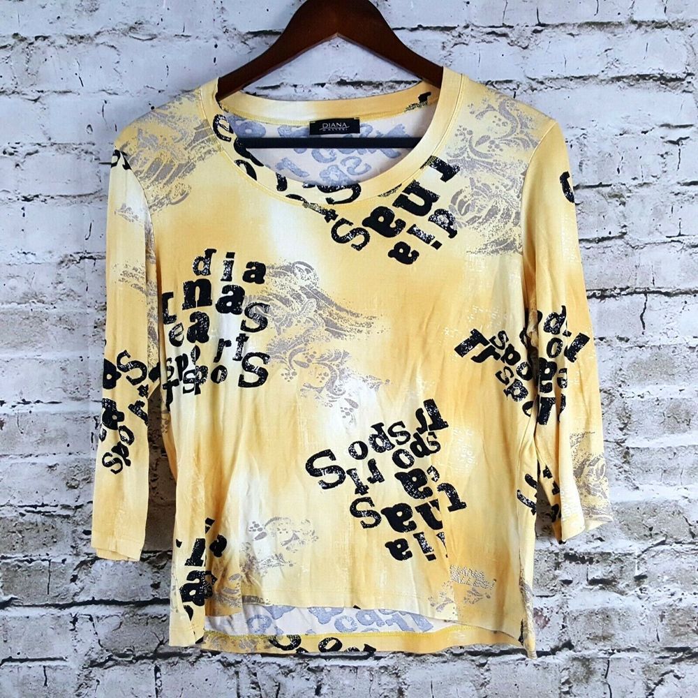 Diana Gallesi Women's Top Size 14 Yellow Shirt Spell Out‎ Sports 3/4 Sleeve